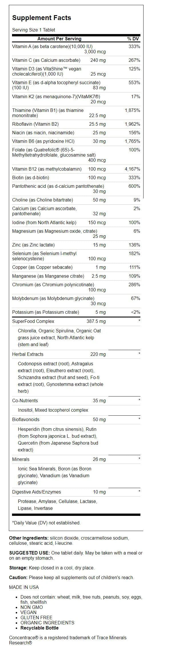 Whole Food Multivitamin with Superfoods Minerals Enzymes Vitamin D B12 Biotin 90 Tablets E260604