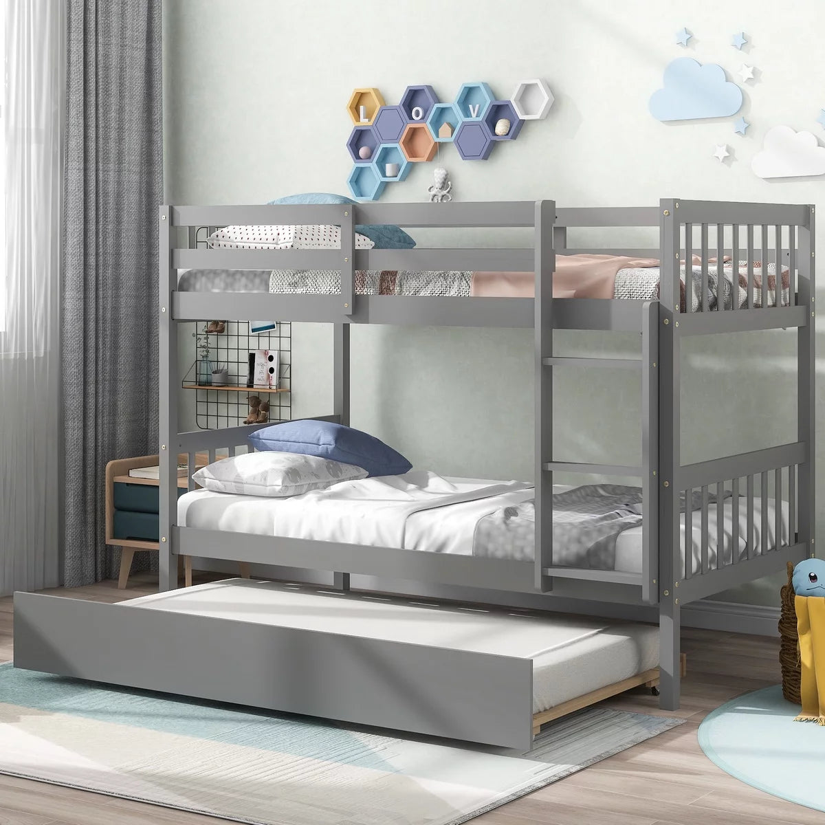 Twin Over Twin Wood Bunk Bed with Ladder and Trundle I548