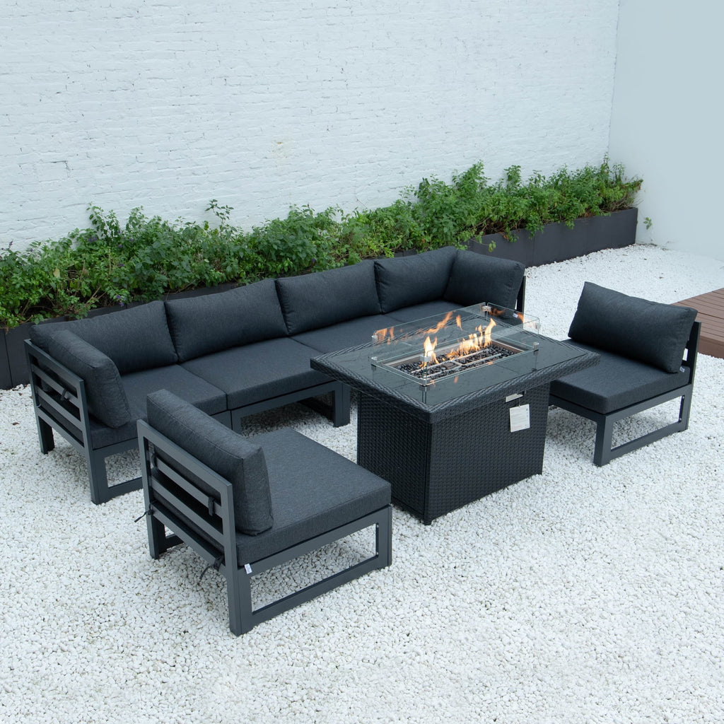 Black Wicker Propane Fire Pit Table with Glass Shield and Lid W4859